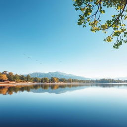 A serene landscape featuring a clear blue sky, a calm lake reflecting the surrounding trees, and a mountain range in the background