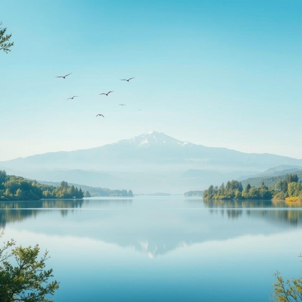 A serene landscape featuring a clear blue sky, a calm lake reflecting the surrounding trees, and a mountain range in the background