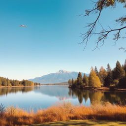 A serene landscape featuring a clear blue sky, a calm lake reflecting the surrounding trees, and a mountain range in the background