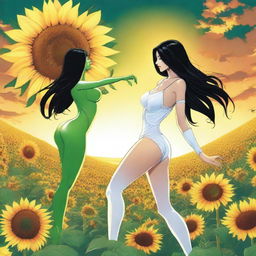 Draw a woman with long black hair, very large breasts, wearing sexy white lingerie, dancing with a green alien in the middle of a sunflower field with a beautiful sunset on the horizon