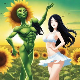 Draw a woman with long black hair, very large breasts, wearing sexy white lingerie, dancing with a green alien in the middle of a sunflower field with a beautiful sunset on the horizon