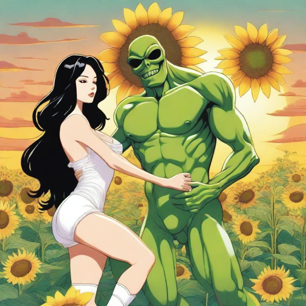 Draw a woman with long black hair, very large breasts, wearing sexy white lingerie, dancing with a green alien in the middle of a sunflower field with a beautiful sunset on the horizon