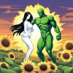 Draw a woman with long black hair, very large breasts, wearing sexy white lingerie, dancing with a green alien in the middle of a sunflower field with a beautiful sunset on the horizon