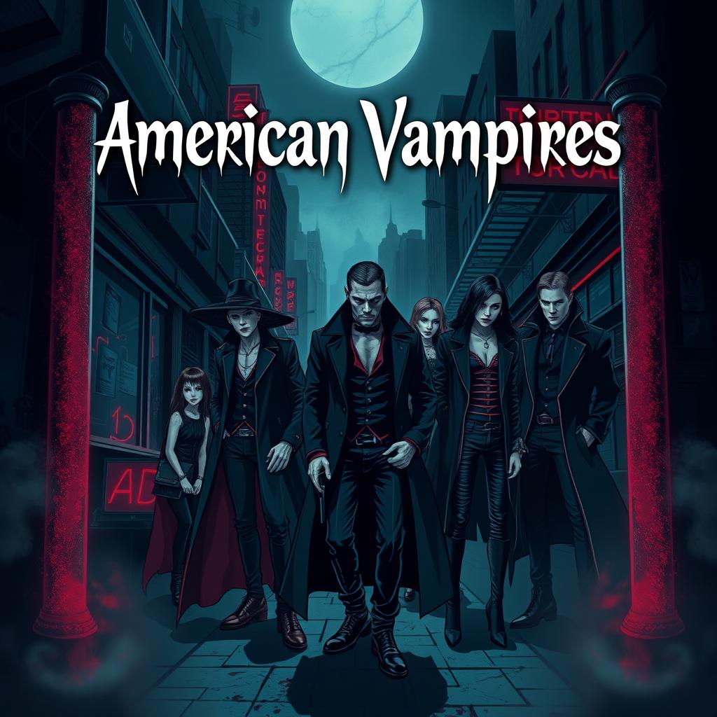 Create an image titled 'American Vampires' featuring a dark and eerie scene with modern American vampires