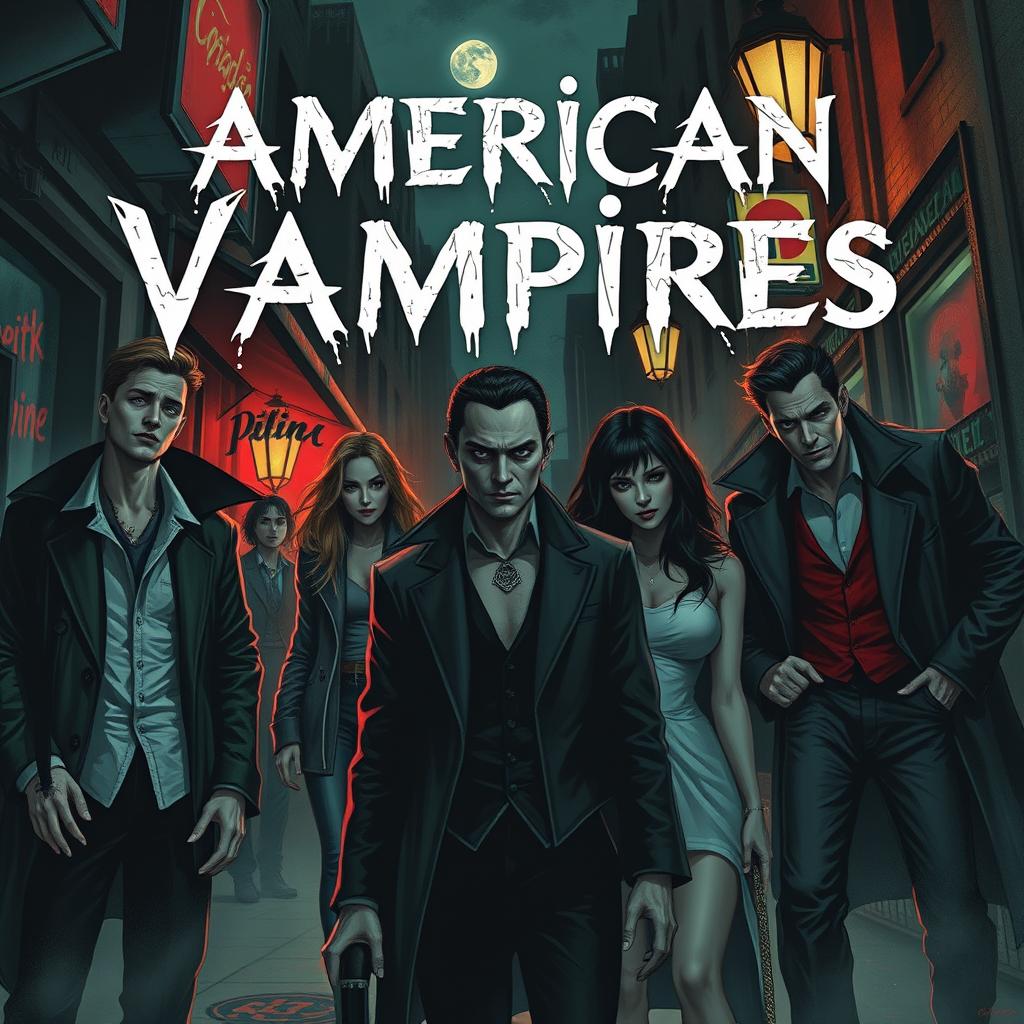 Create an image titled 'American Vampires' featuring a dark and eerie scene with modern American vampires