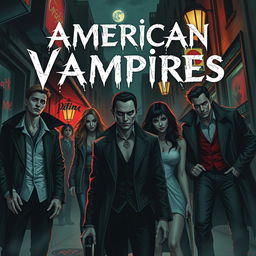 Create an image titled 'American Vampires' featuring a dark and eerie scene with modern American vampires