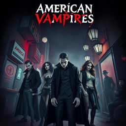 Create an image titled 'American Vampires' featuring a dark and eerie scene with modern American vampires