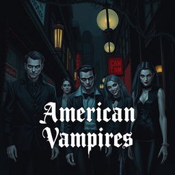 Create an image titled 'American Vampires' featuring a dark and eerie scene with modern American vampires