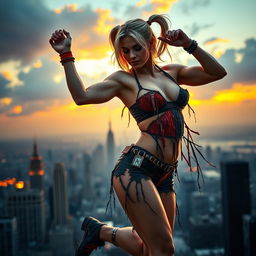 A fit woman in a heavily tattered and shredded Harley Quinn outfit hovers above a city skyline at sunset