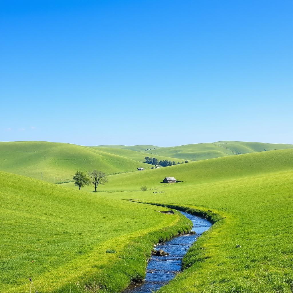 Create an image of a peaceful countryside landscape with rolling green hills, a clear blue sky, and a small stream flowing through the scene