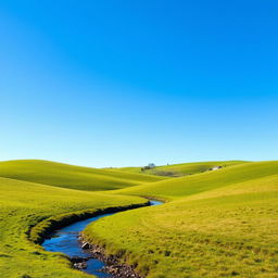 Create an image of a peaceful countryside landscape with rolling green hills, a clear blue sky, and a small stream flowing through the scene