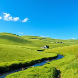 Create an image of a peaceful countryside landscape with rolling green hills, a clear blue sky, and a small stream flowing through the scene