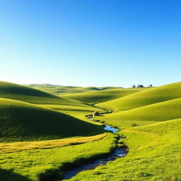 Create an image of a peaceful countryside landscape with rolling green hills, a clear blue sky, and a small stream flowing through the scene