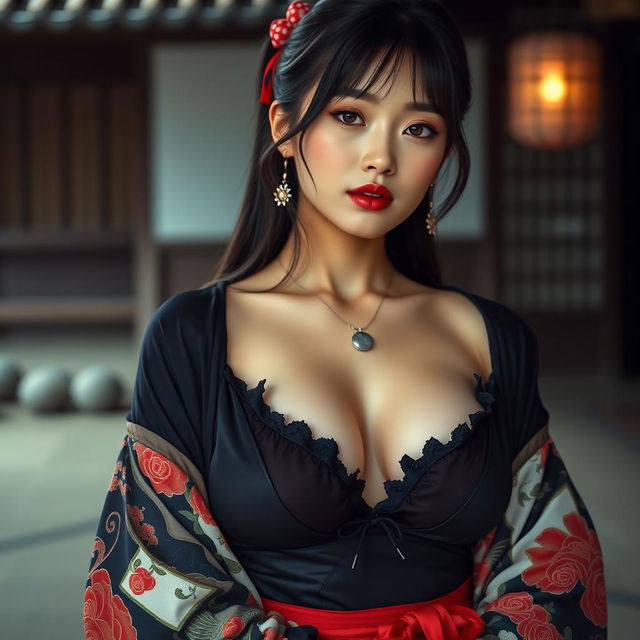 A seductive Japanese girl from a village with red lips, wearing an outfit that reveals a lot of cleavage but no nudity