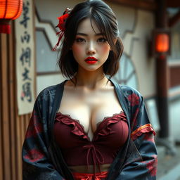 A seductive Japanese girl from a village with red lips, wearing an outfit that reveals a lot of cleavage but no nudity