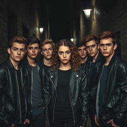 Seven handsome young men in a gloomy mood, wearing gang leather jackets, standing in a dark alley