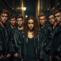 Seven handsome young men in a gloomy mood, wearing gang leather jackets, standing in a dark alley