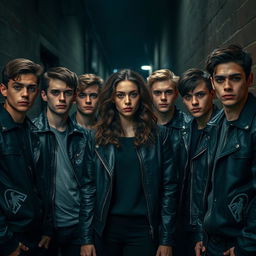 Seven handsome young men in a gloomy mood, wearing gang leather jackets, standing in a dark alley