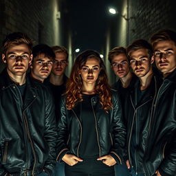 Seven handsome young men in a gloomy mood, wearing gang leather jackets, standing in a dark alley