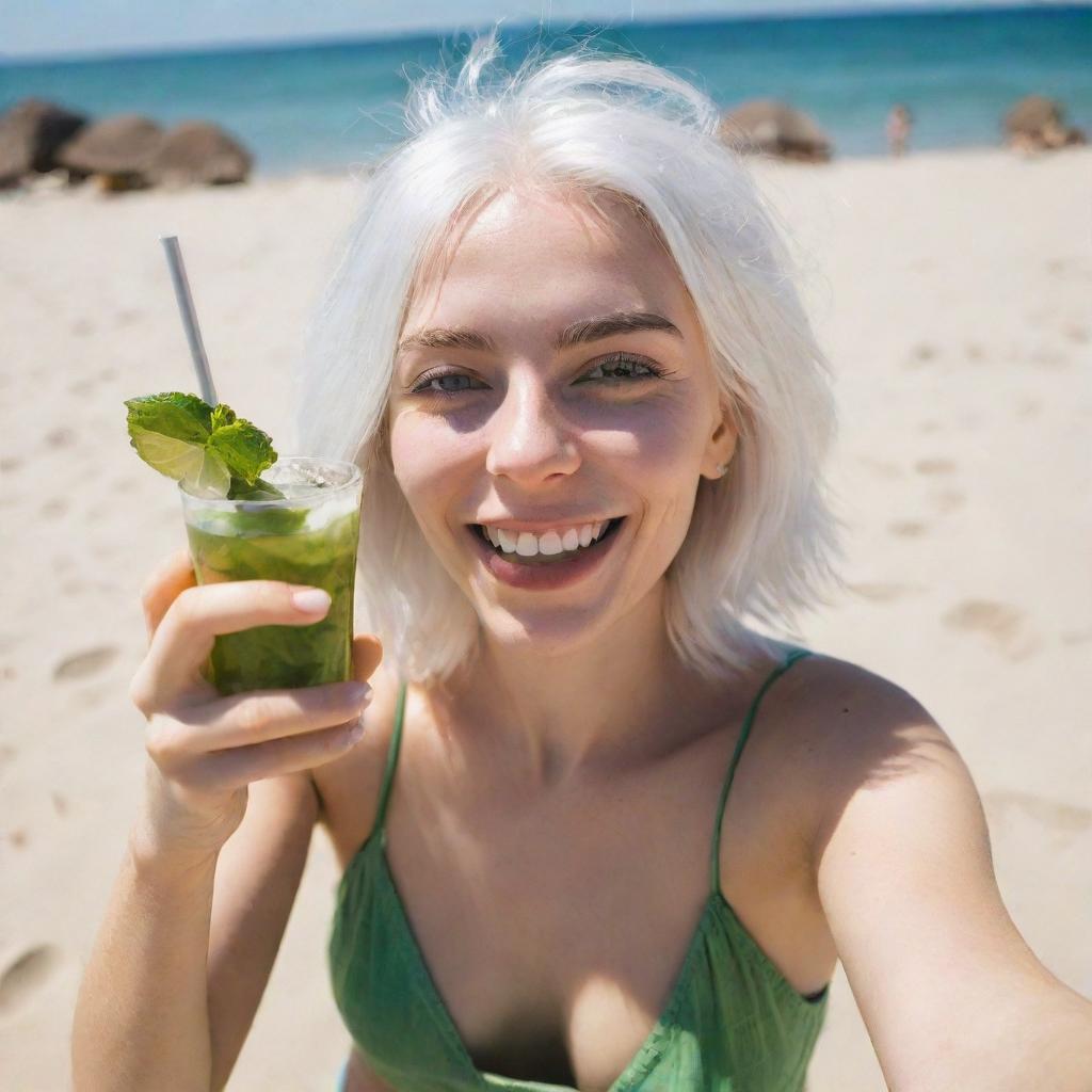 A girl with white hair joyfully taking a selfie on a sunny beach while sunbathing and sipping a mojito