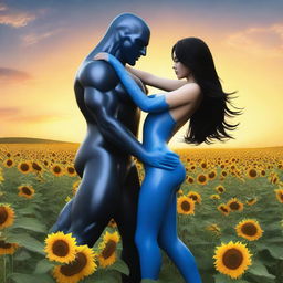 Create an image of a woman with long black hair and very large breasts, wearing blue latex lingerie, dancing with a grey alien man in the middle of a sunflower field with a beautiful sunset on the horizon