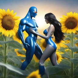 Create an image of a woman with long black hair and very large breasts, wearing blue latex lingerie, dancing with a grey alien man in the middle of a sunflower field with a beautiful sunset on the horizon