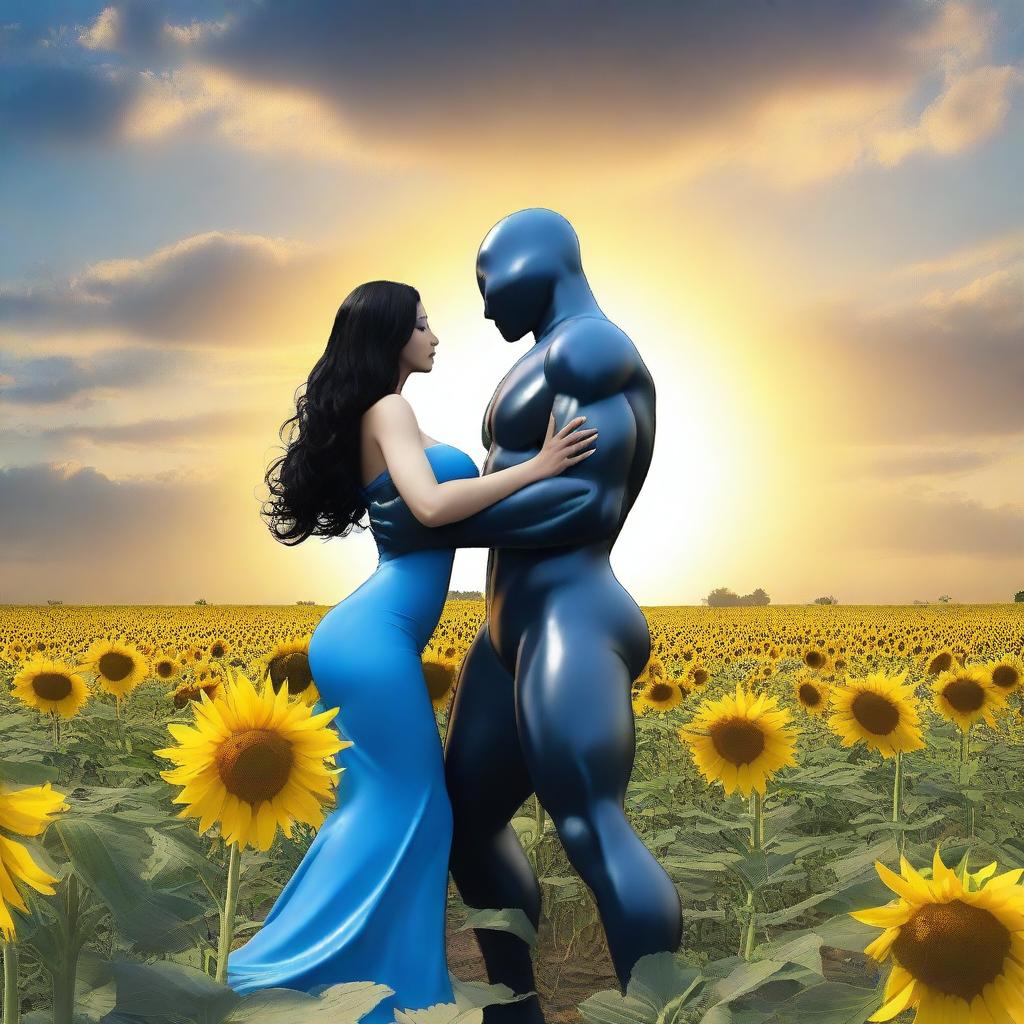 Create an image of a woman with long black hair and very large breasts, wearing blue latex lingerie, dancing with a grey alien man in the middle of a sunflower field with a beautiful sunset on the horizon