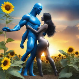 Create an image of a woman with long black hair and very large breasts, wearing blue latex lingerie, dancing with a grey alien man in the middle of a sunflower field with a beautiful sunset on the horizon