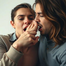 A young woman is pushing her foot into a man's mouth