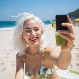 A girl with white hair joyfully taking a selfie on a sunny beach while sunbathing and sipping a mojito