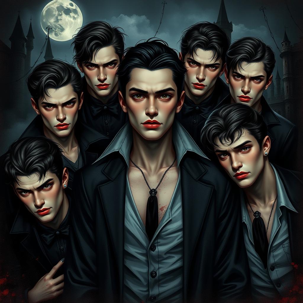 Create an image featuring seven handsome young men in a dark vampire mood