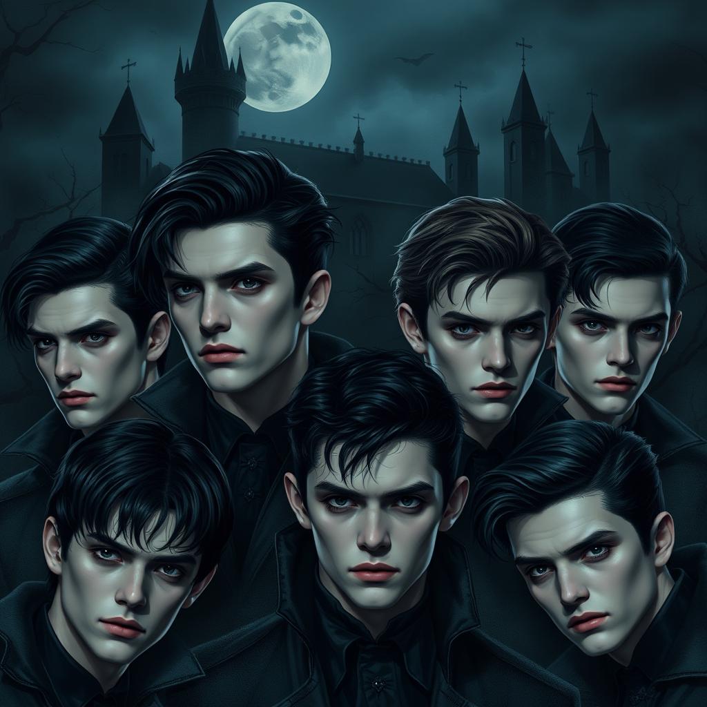 Create an image featuring seven handsome young men in a dark vampire mood