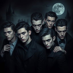 Create an image featuring seven handsome young men in a dark vampire mood