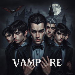 Create an image featuring seven handsome young men in a dark vampire mood