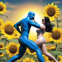 Create an image of a woman with long black hair, very large breasts, and extremely large buttocks, wearing blue latex lingerie and sunglasses