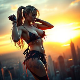 A fit woman in a heavily tattered and shredded Harley Quinn outfit hovers above a city skyline at sunset