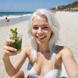 A girl with white hair joyfully taking a selfie on a sunny beach while sunbathing and sipping a mojito