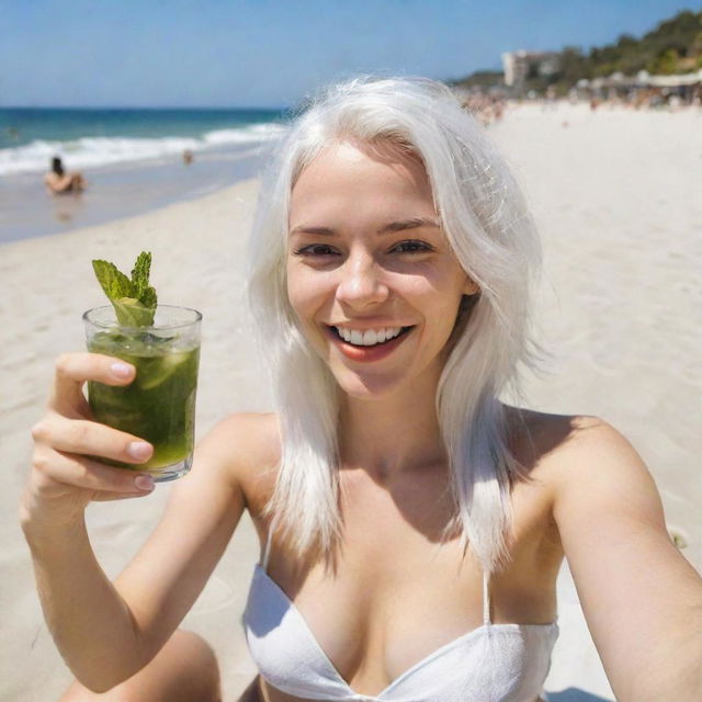 A girl with white hair joyfully taking a selfie on a sunny beach while sunbathing and sipping a mojito