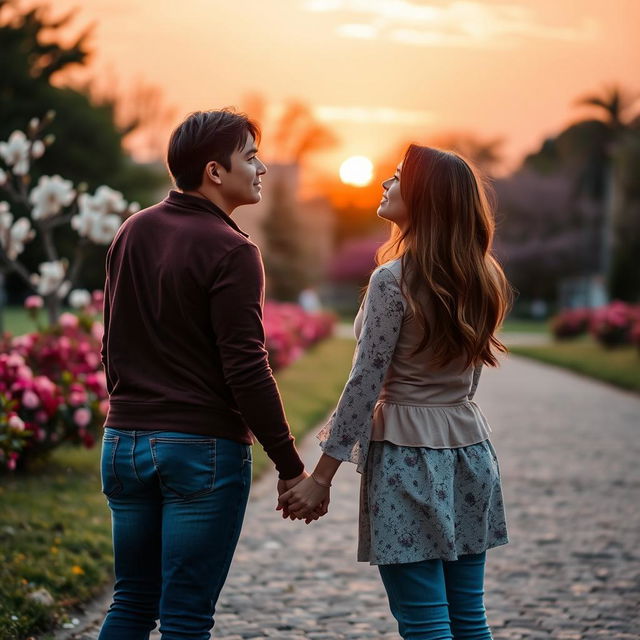 A romantic scene of two couples holding hands and looking into each other's eyes