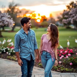 A romantic scene of two couples holding hands and looking into each other's eyes