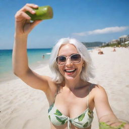 A girl with white hair joyfully taking a selfie on a sunny beach while sunbathing and sipping a mojito