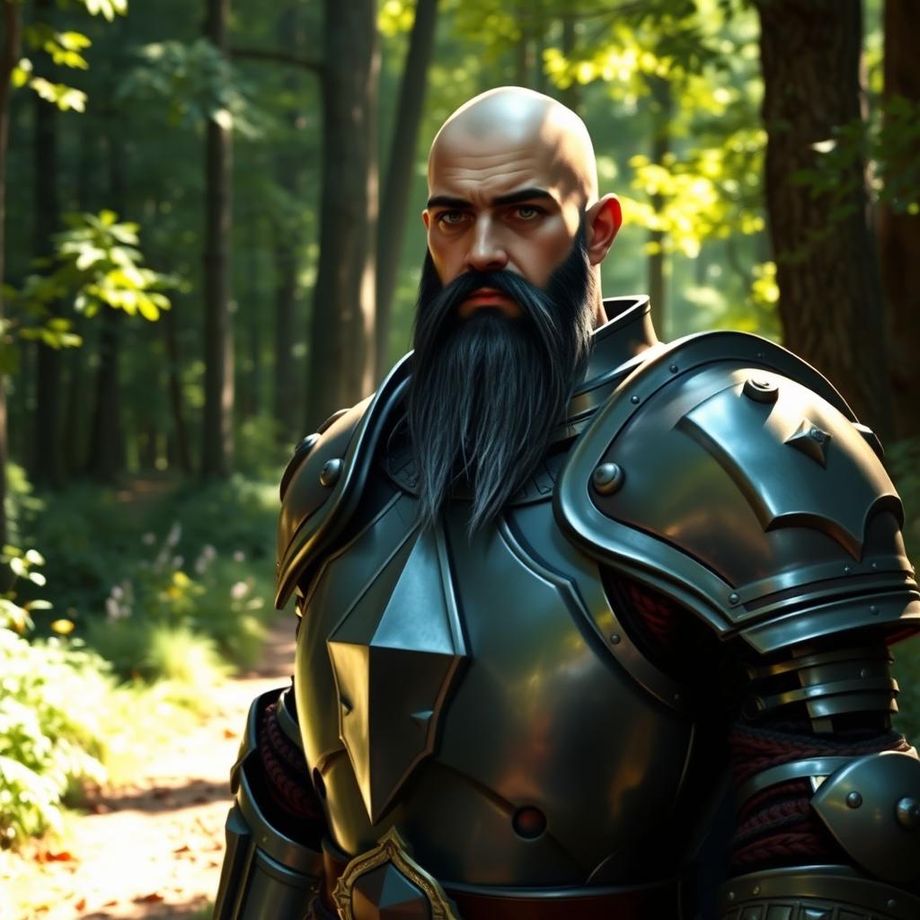 A human paladin, bald with a short black beard featuring a few grey streaks, wearing a suit of full plate armor, standing on a forest trail