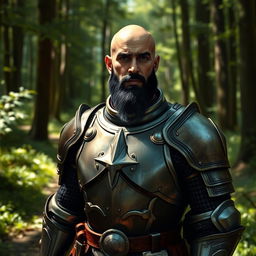 A human paladin, bald with a short black beard featuring a few grey streaks, wearing a suit of full plate armor, standing on a forest trail