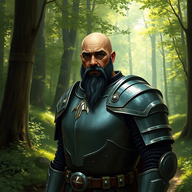 A human paladin, bald with a short black beard featuring a few grey streaks, wearing a suit of full plate armor, standing on a forest trail