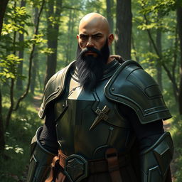 A human paladin, bald with a short black beard featuring a few grey streaks, wearing a suit of full plate armor, standing on a forest trail