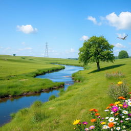 A serene landscape with a clear blue sky, green meadows, and a calm river flowing through