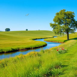 A serene landscape with a clear blue sky, green meadows, and a calm river flowing through