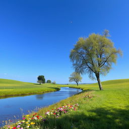 A serene landscape with a clear blue sky, green meadows, and a calm river flowing through