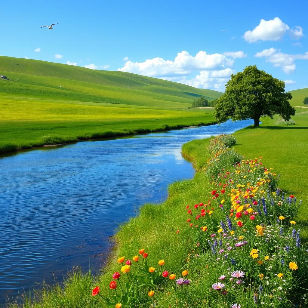 A serene landscape with a clear blue sky, green meadows, and a calm river flowing through