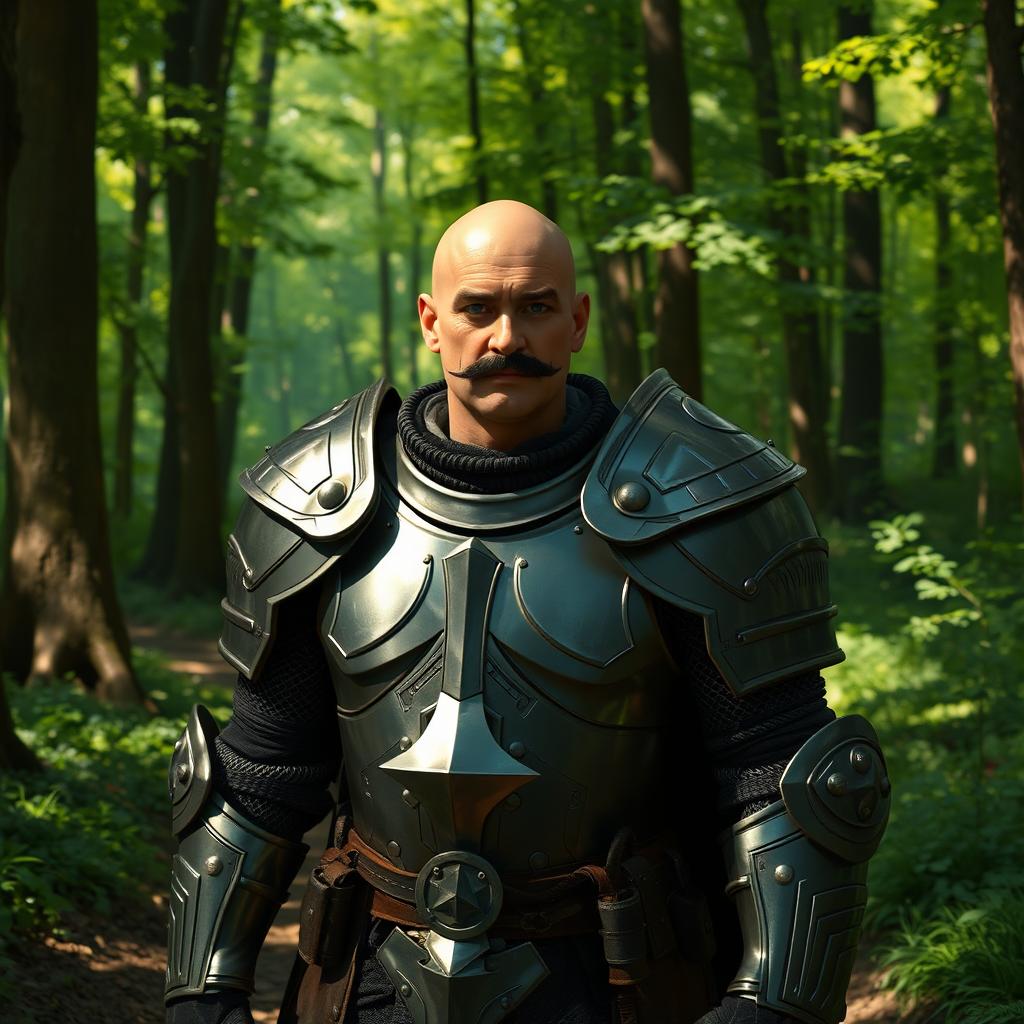 A human paladin, bald with a black mustache, wearing a suit of full plate armor, standing on a forest trail